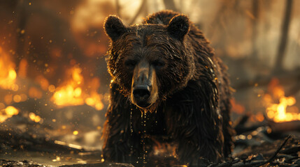 a bear in a burning forest