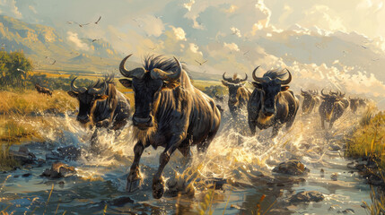 A herd of wildebeest runs through the steppes of Africa - obrazy, fototapety, plakaty