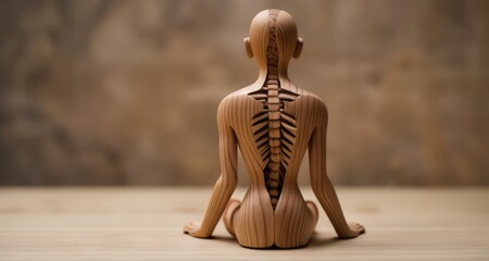  A wooden sculpture of a human figure, showcasing the intricate details of the spine and ribcage