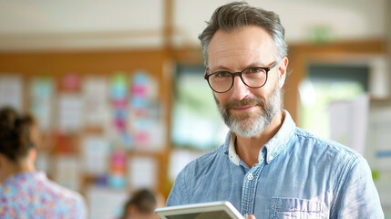A kind teacher in casual attire, holding a tablet and discussing something interesting with off-camera students, kind handsome teacher, blurred background, with copy space
