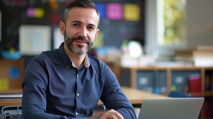 A male teacher sitting on a desk with a laptop, looking approachable and ready to help, kind handsome teacher, blurred background, with copy space