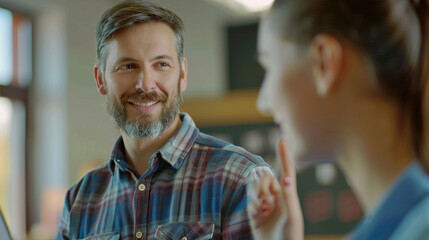Obraz premium A male teacher with a gentle smile guiding a student through a difficult problem, showing patience and understanding, kind handsome teacher, blurred background, with copy space