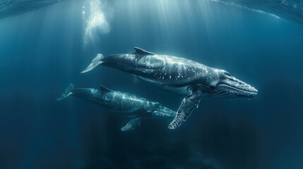 Fototapeta premium two large whales swims underwater
