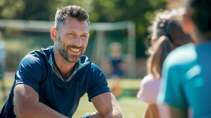 A teacher in a sports outfit coaching students with encouragement and positive reinforcement, kind handsome teacher, blurred background, with copy space