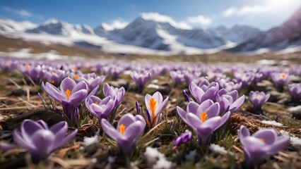 Crocuses in the mountains, spring flowers close-up photo - obrazy, fototapety, plakaty
