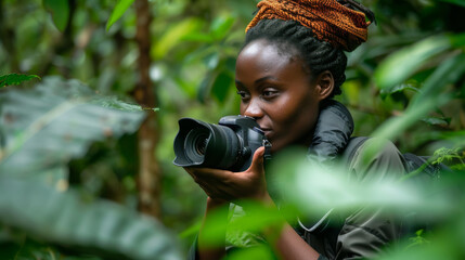 A woman with a camera in the jungle