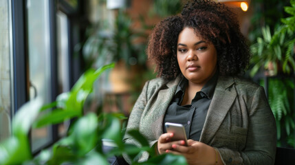 Portrait of plus size woman curly hair in office clothes with mobile phone in hand looking happily.Confidence concept.