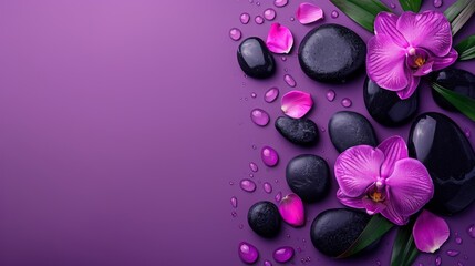 Top view Flat-lay composition with black spa stones massage treatment and flowers isolated purple background space for text, Elegant and luxury spa. mock up, template. Health and beauty care concept