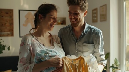 Expectant parents holding baby clothes and expressing joy and anticipation.