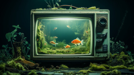 fish tank is make out of an old and obsolete TV. Recycling e-waste concept. Sustainability and...