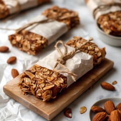 homemade granola bars wrapped in butter papers, scattered almonds, white butter paper background, nuts bars