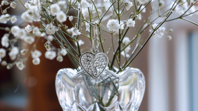 A delicate silver heart charm hangs from a crystal vase filled with delicate babys breath adding a touch of elegance to the Valentines Day table.