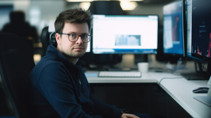 Autistic man working with computer in the office sitting at desk. browsing internet.