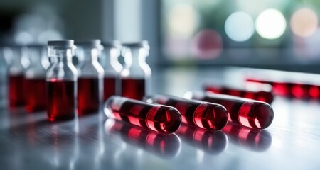  Red liquid in glass vials on a reflective surface