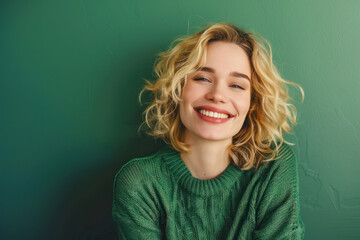 Obraz premium Happy blonde woman with copy space for your text on green background.