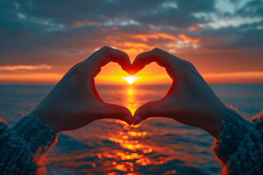 Hand making heart shape on sunset