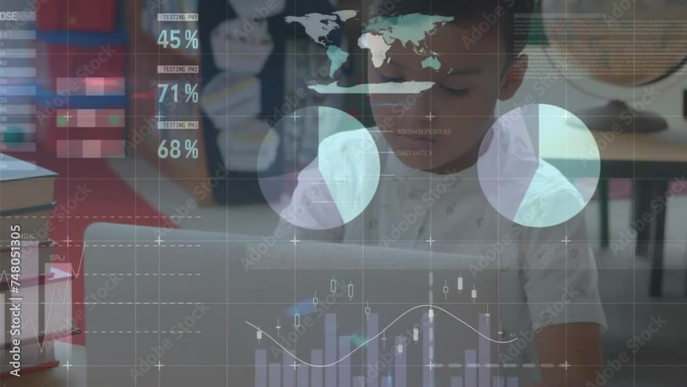 Poster Animation of data processing on charts over biracial boy using laptop in elementary school class