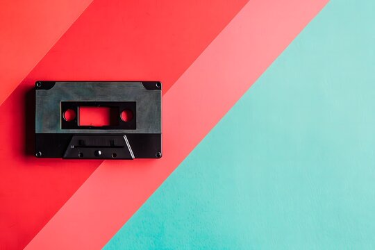 Classic retro cassette on contrasting red and blue backdrop. Perfect for music-related and throwback projects.