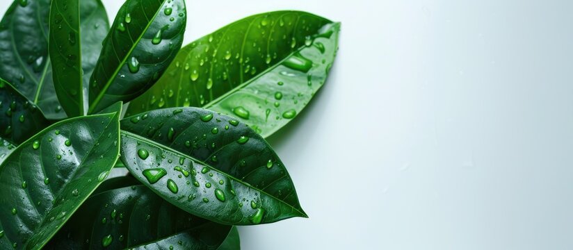 A close-up of a fresh soursop leaf in bright green color, covered with small water droplets. The leaf glistens under the light against a white background.
