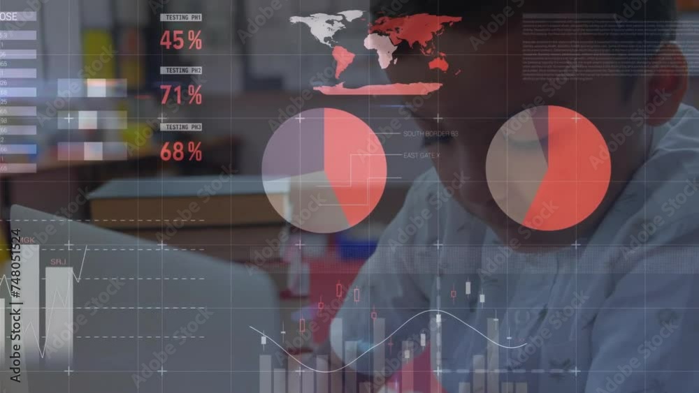 Poster animation of data processing on charts over biracial boy using laptop in elementary school class