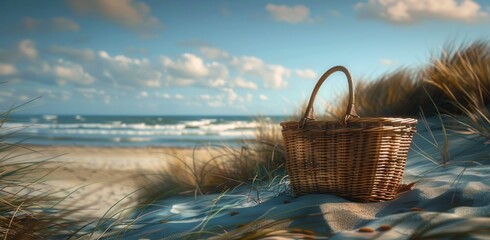 a picnic basket sits on a sandy beach