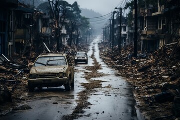 Obraz premium Capture the destructive force of a tornado unleashing chaos on a city, with cars being flung into the air and buildings crumbling in its path.
