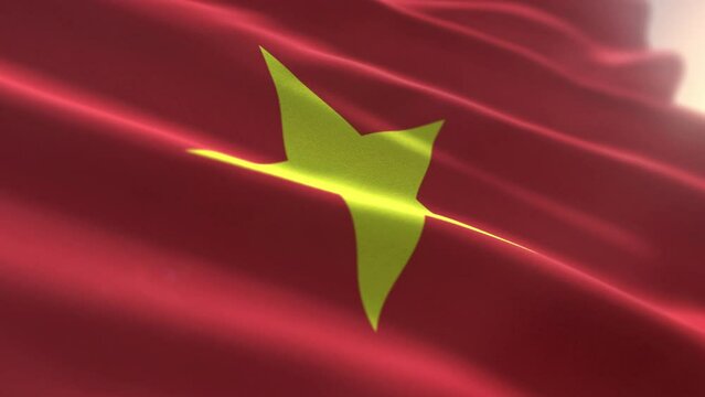 Patriotic Golden Star On National Flag Of Vietnam Fluttering In Wind. Vietnam National Flag Symbol Of Unity. Red National Flag Of Vietnam Asian Country. Background. Politics Concept