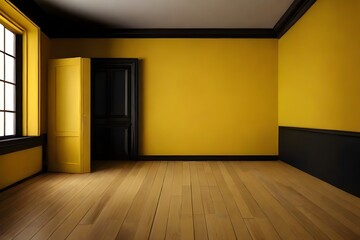 Empty interior of wooden floor and yellow and black paint room