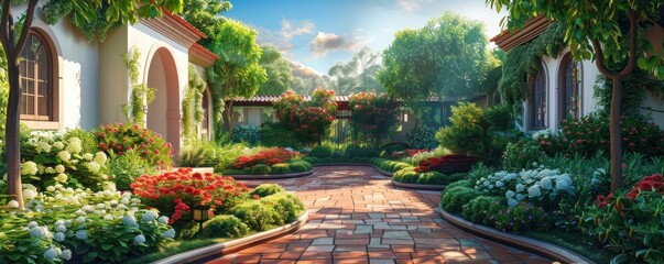 a beautiful backyard with flowers and shrubs