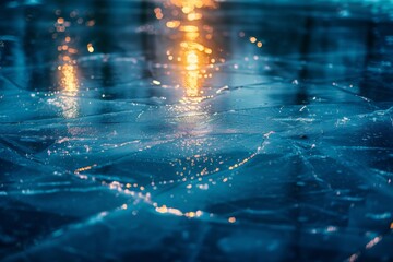 Auroras reflecting on a frozen lake, macro ice patterns