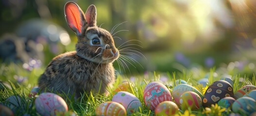 Fototapeta na wymiar a rabbit sits in grass with an array of colorful easter eggs