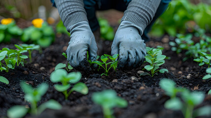 A gardener planting seedlings, with freshly turned soil as the background, during the cool morning hours - obrazy, fototapety, plakaty