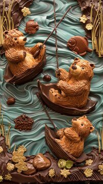 Bears fishing for salmon in a river of chocolate, colorful theme