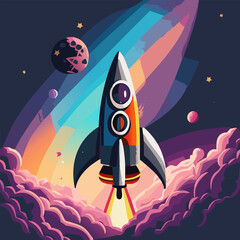 Colorful space ship, Rocket in space