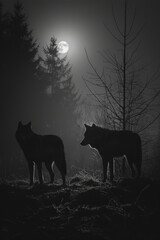 Cyber wolves in a dystopian wilderness, moonlit