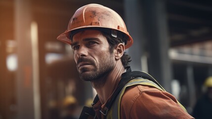 Caucasian bearded construction worker with safety helmet on head in vest