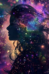 Woman's Profile Amidst Luminous Starry Sky