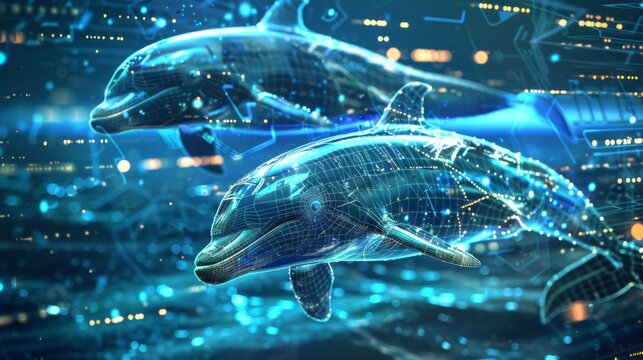 Cybernetic dolphins navigating digital oceans, futuristic