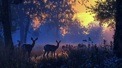 Two deer in a forest at dawn