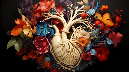 An artistic composition featuring an anatomical heart illustration, representing the study of human anatomy and cardiovascular health, with intricate details and vibrant colors. - Powered by Adobe