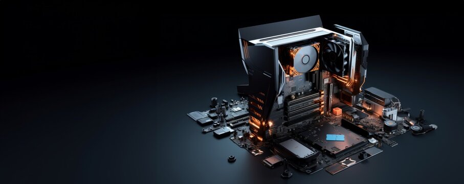 parts of a modern computer. hardware components mainboard cpu processor graphic card RAM cables and cooling fan flying out of black blue PC case on isolated abstract technology background