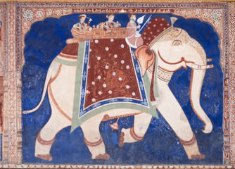 Colorful mural of an elephants at a haveli, the traditional indian townhouse in Mandawa © travelview