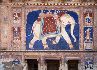 Colorful mural of an elephants at a haveli, the traditional indian townhouse in Mandawa