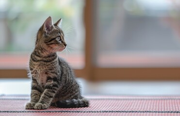 a tabby cat sits on some kind of mat - obrazy, fototapety, plakaty