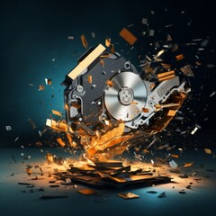 destroyed and shattered hard drive with pieces flying around. Data destruction concept - obrazy, fototapety, plakaty