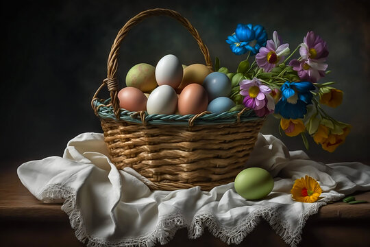 - Easter basket on the table with a white napkin, generative ai