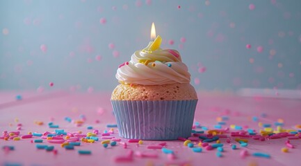 A birthday cupcake has one candle on the top