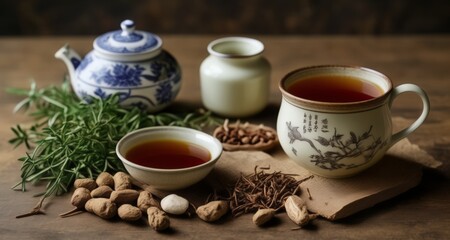 Fototapeta premium Authentic tea time experience with traditional teaware and snacks