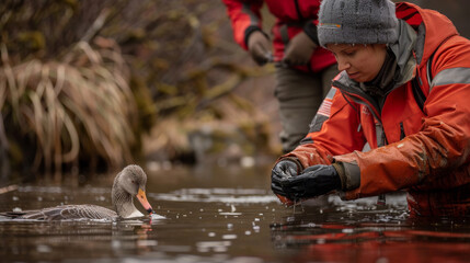 An animal rights activist examines a small duck
