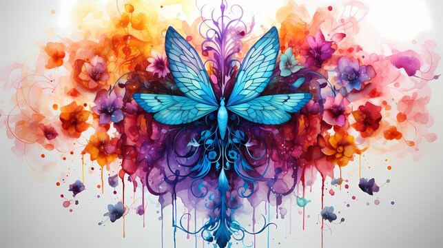 An artistic composition featuring a medical caduceus symbol, formed by vibrant watercolor strokes, representing the fusion of art and medicine, with a dynamic and expressive appearance